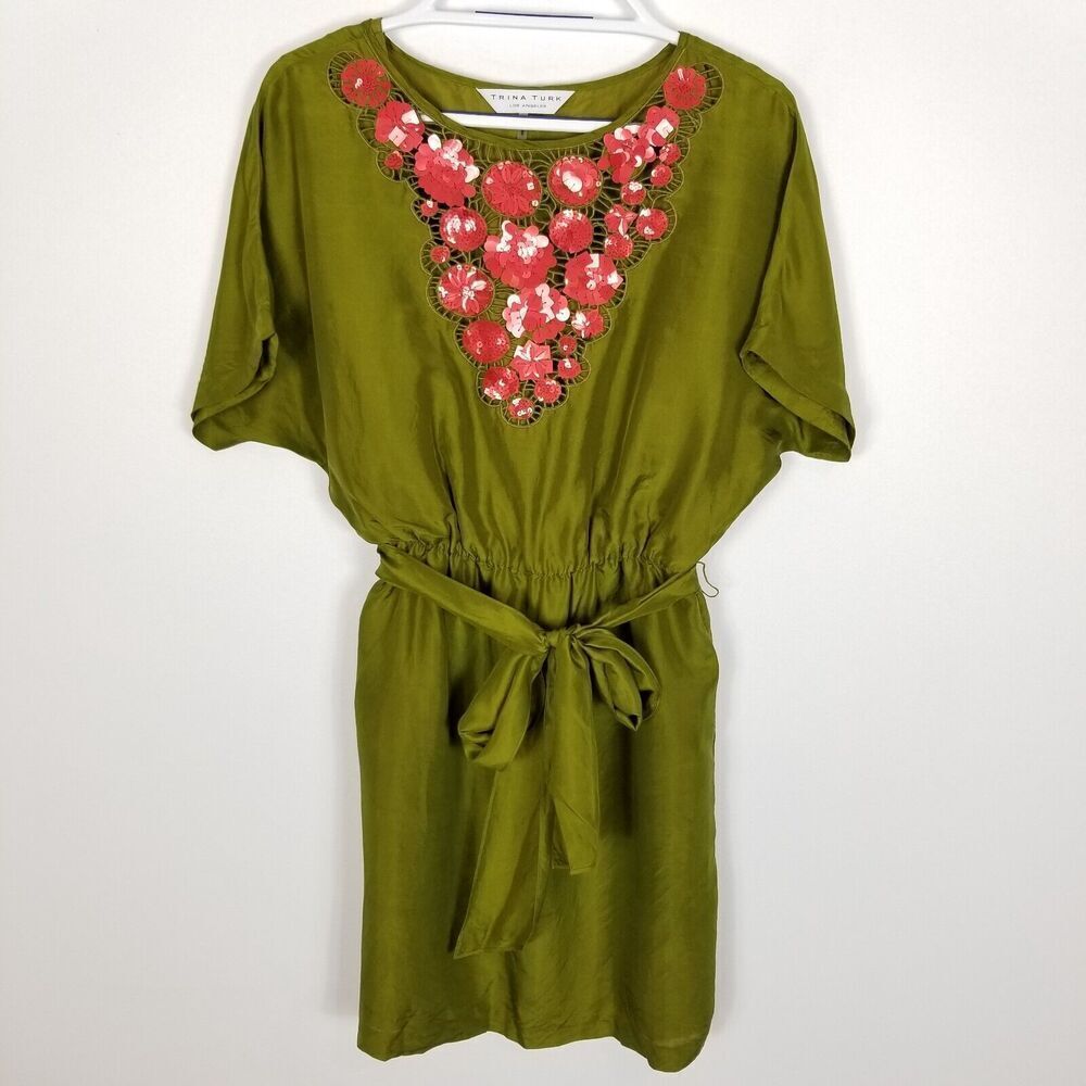 Trina Turk LA Women's Olive Silk Belted Pullover Sequin Sheath Dress Size 4